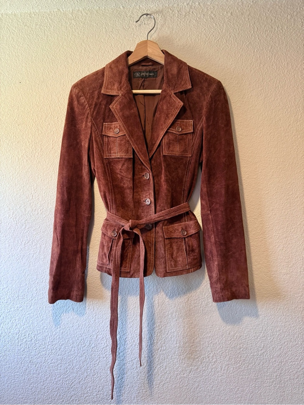 INC Suede Belted Utility Jacket w/ Matching Tie Belt and Button Front Pockets